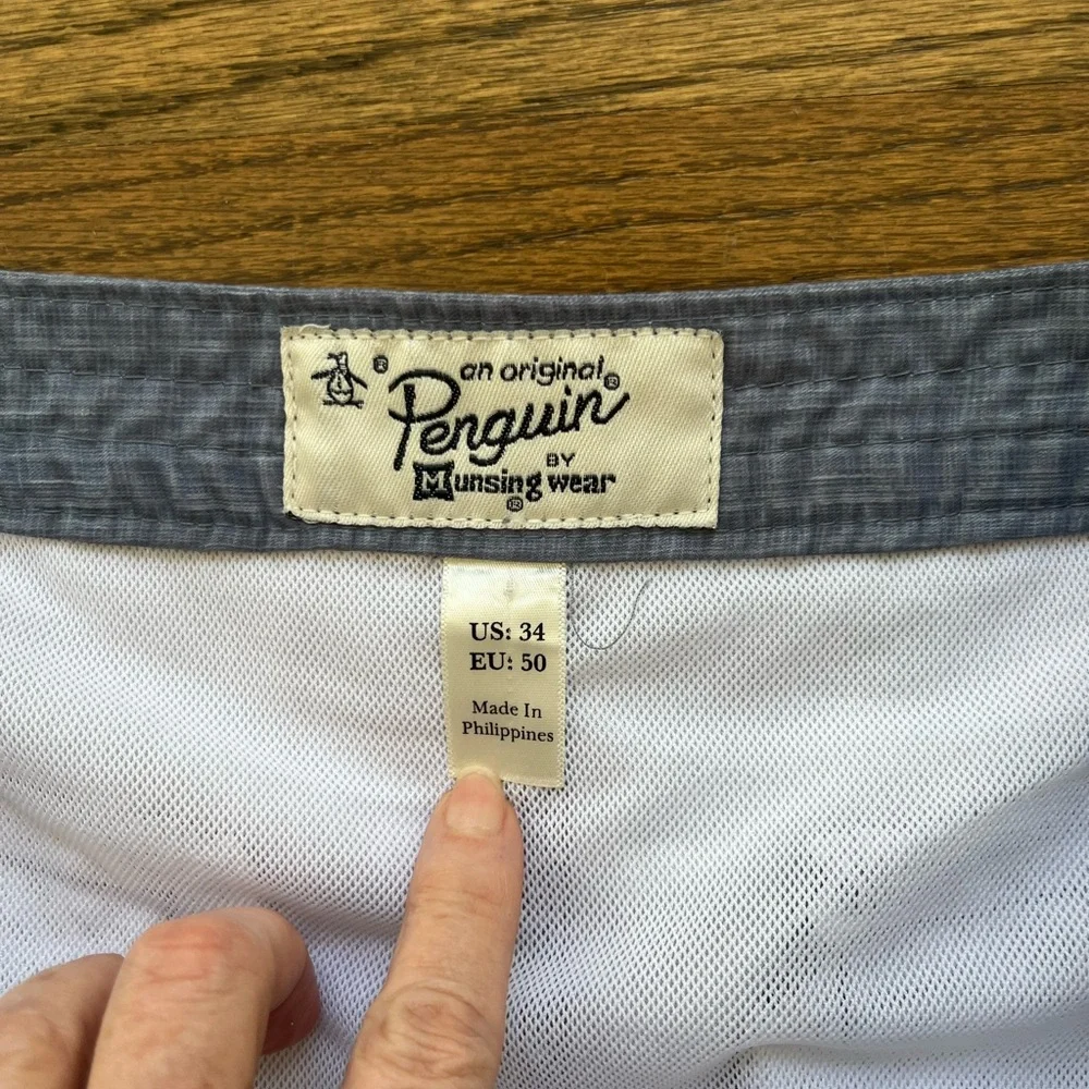 Men’s Penguin Gray and Navy Bathing Suit Sz 34 Retro Coastal Beach Surfer swim